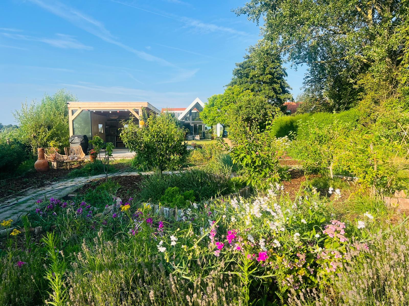 De tuin en moestuin met de tuinkamer